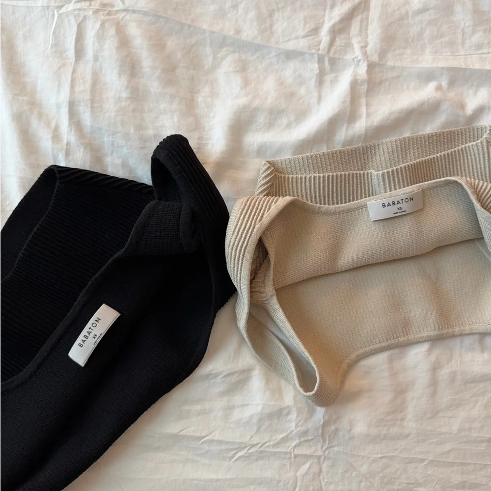 Aritzia Babaton Ribbed Knit Contour Crop Tops - Black and Cream - Picture 3 of 5